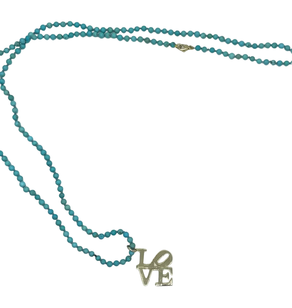 A turquoise beaded necklace with a gold-tone 'LOVE' pendant spelling out the word, displayed on a clean white background.
