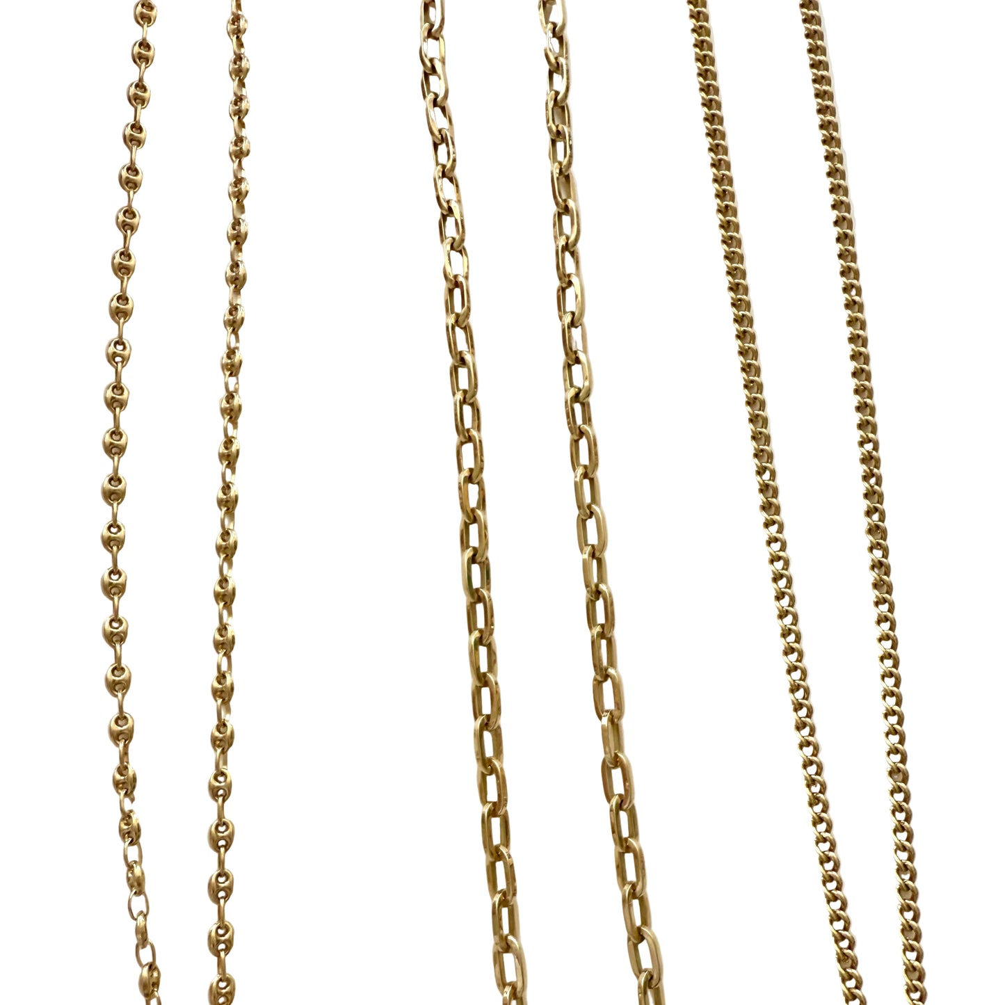 Four gold chains of different designs on a white background