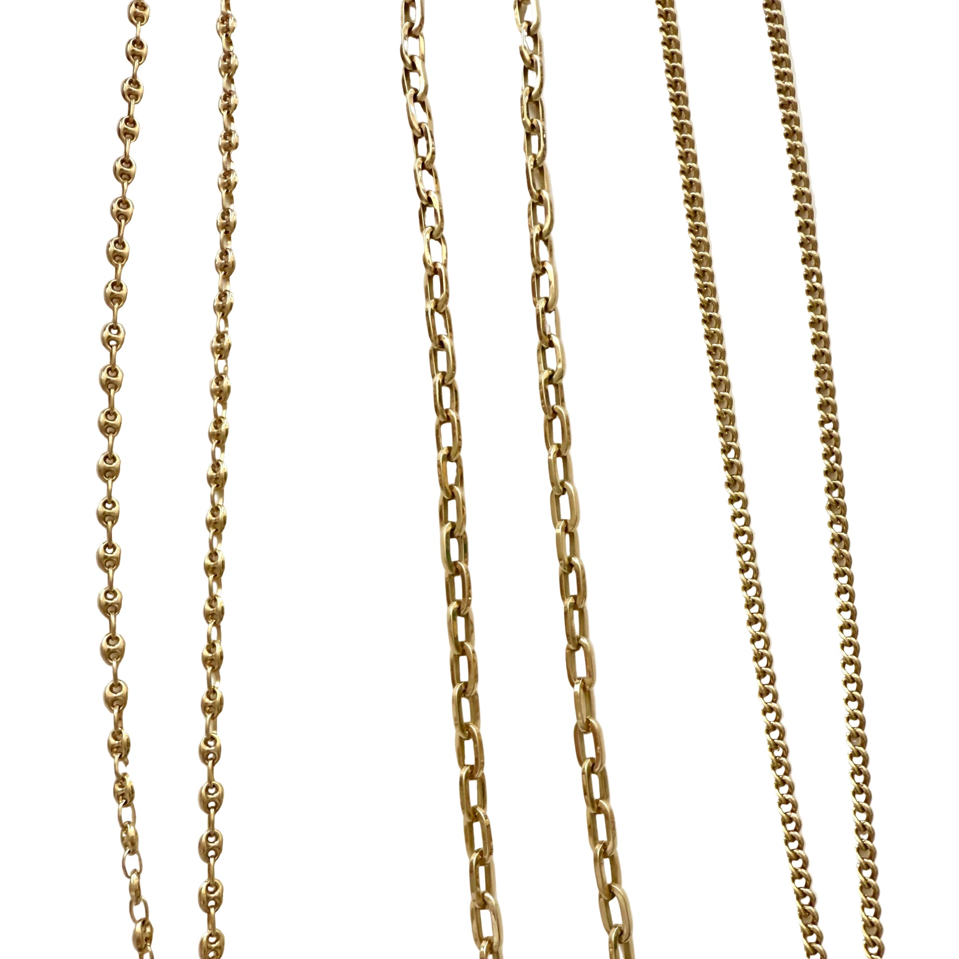 Four gold chains of different designs on a white background