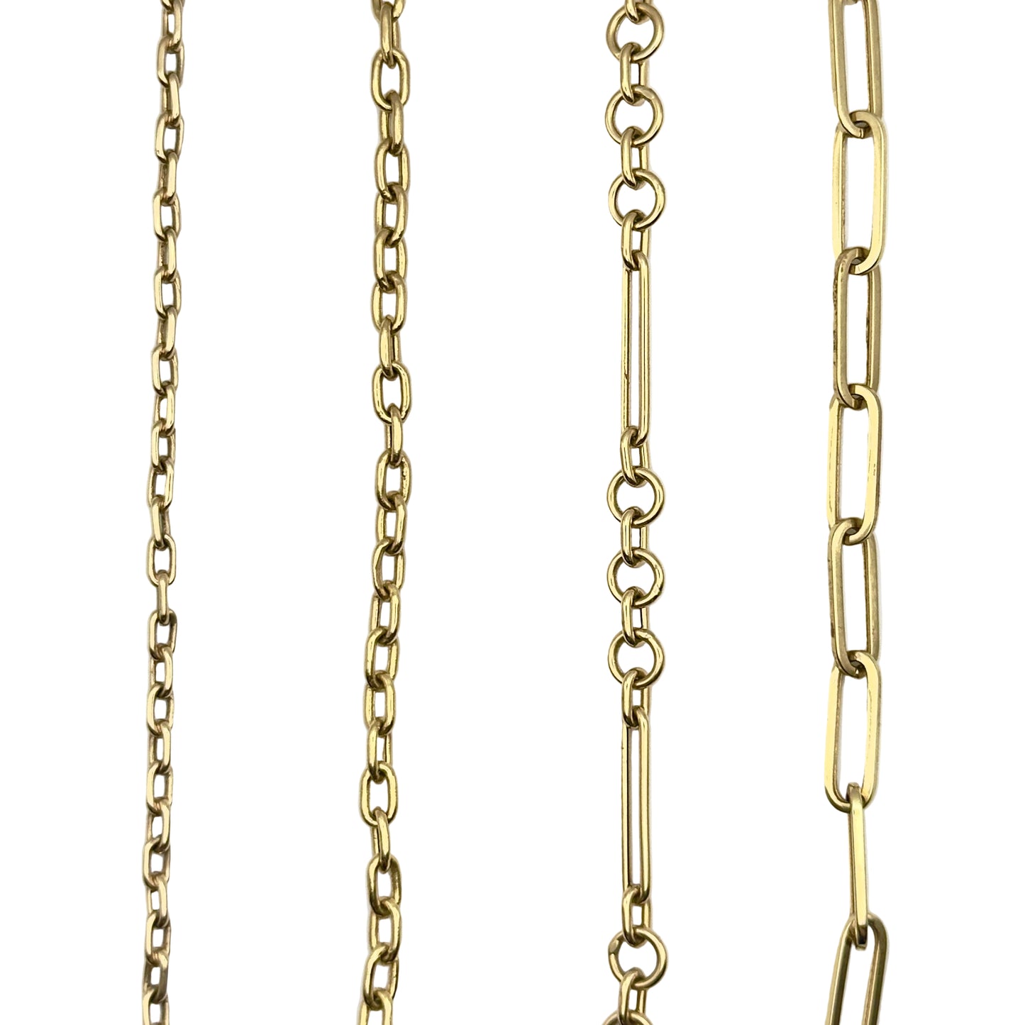 Four gold chain necklaces of different styles on a white background