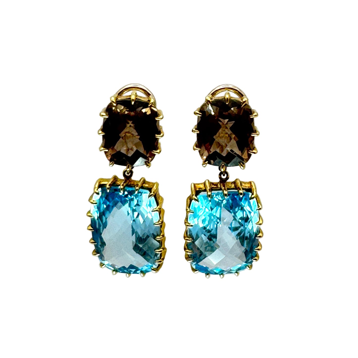 Pair of earrings with smoky topaz and blue topaz stones on a clear stand against a light gray background.