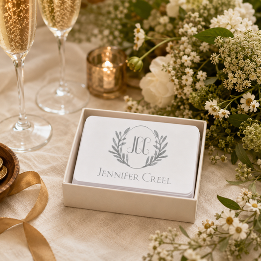 A boxed set of gift cards placed on a table, styled with champagne flutes, a candle, and white flowers. The top card is white with a gray monogram wreath and the name Jennifer Creel.