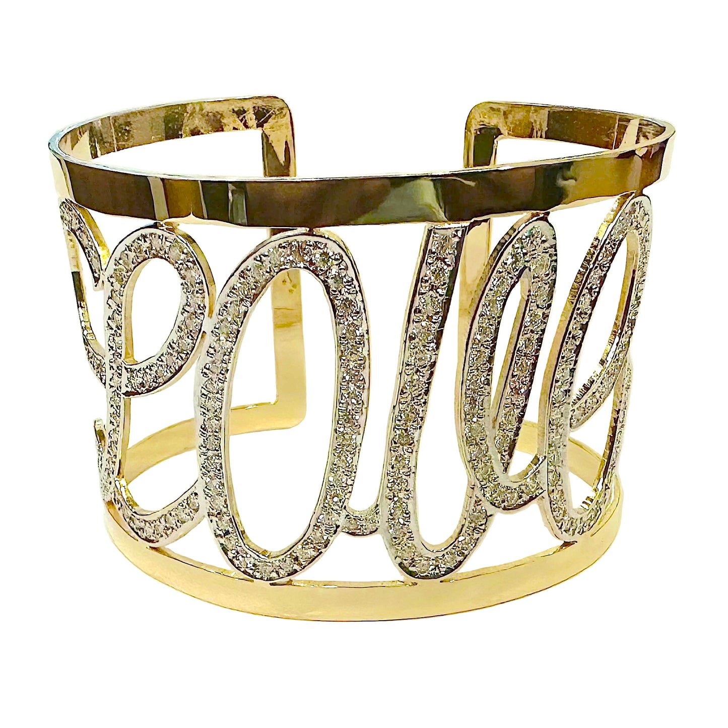 Gold bracelet with 'love' text and gemstones on a white background