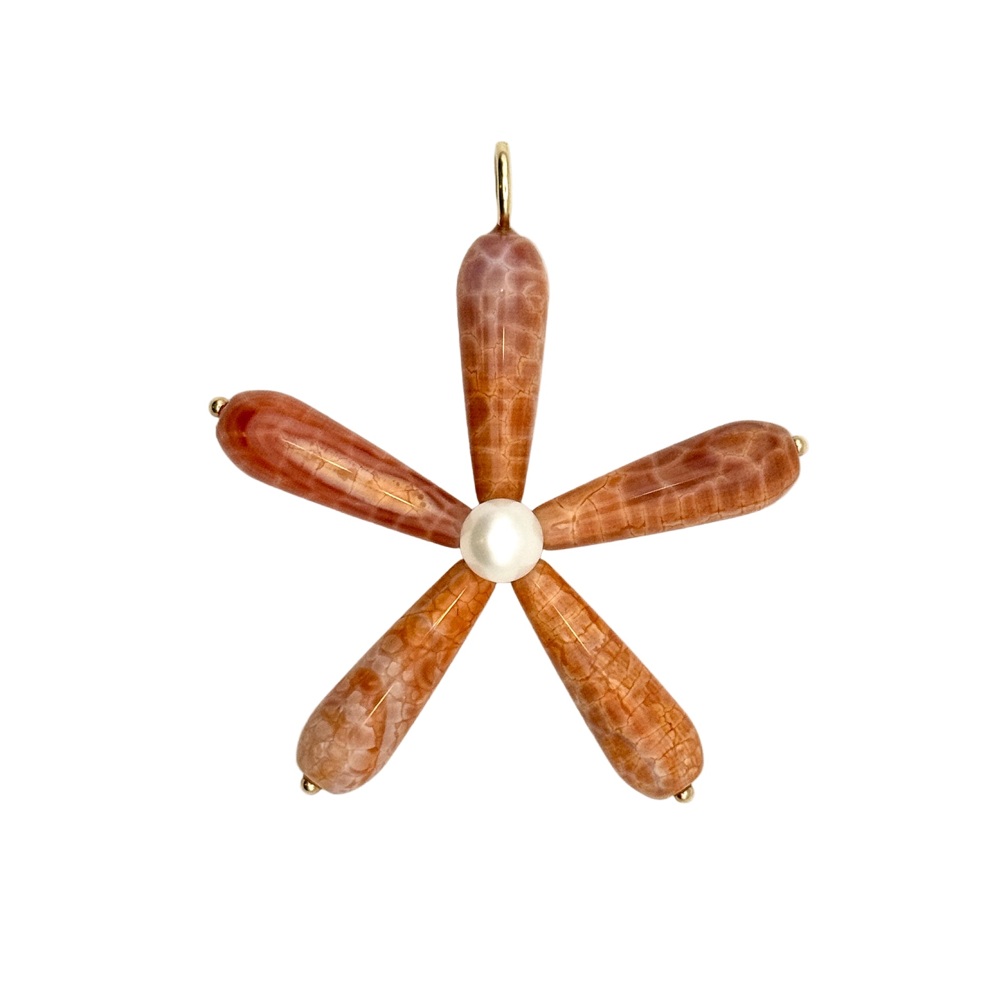 Pendant with five brown feather-like elements and a central pearl on a white background