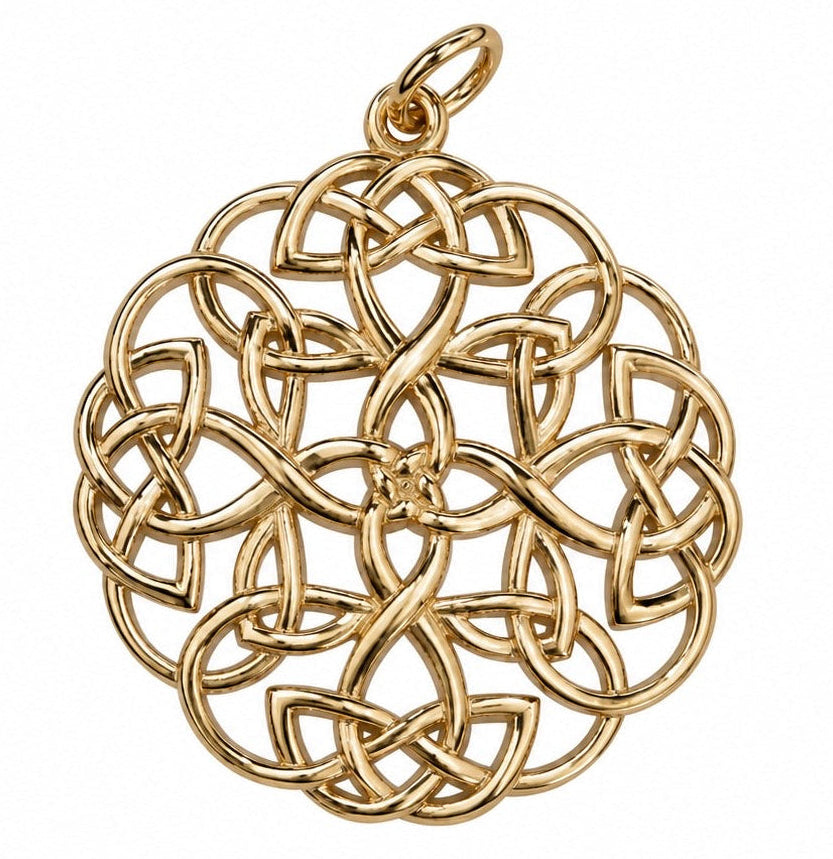 A gold pendant featuring an intricate Celtic knot design with a central infinity symbol, set against a plain white background.