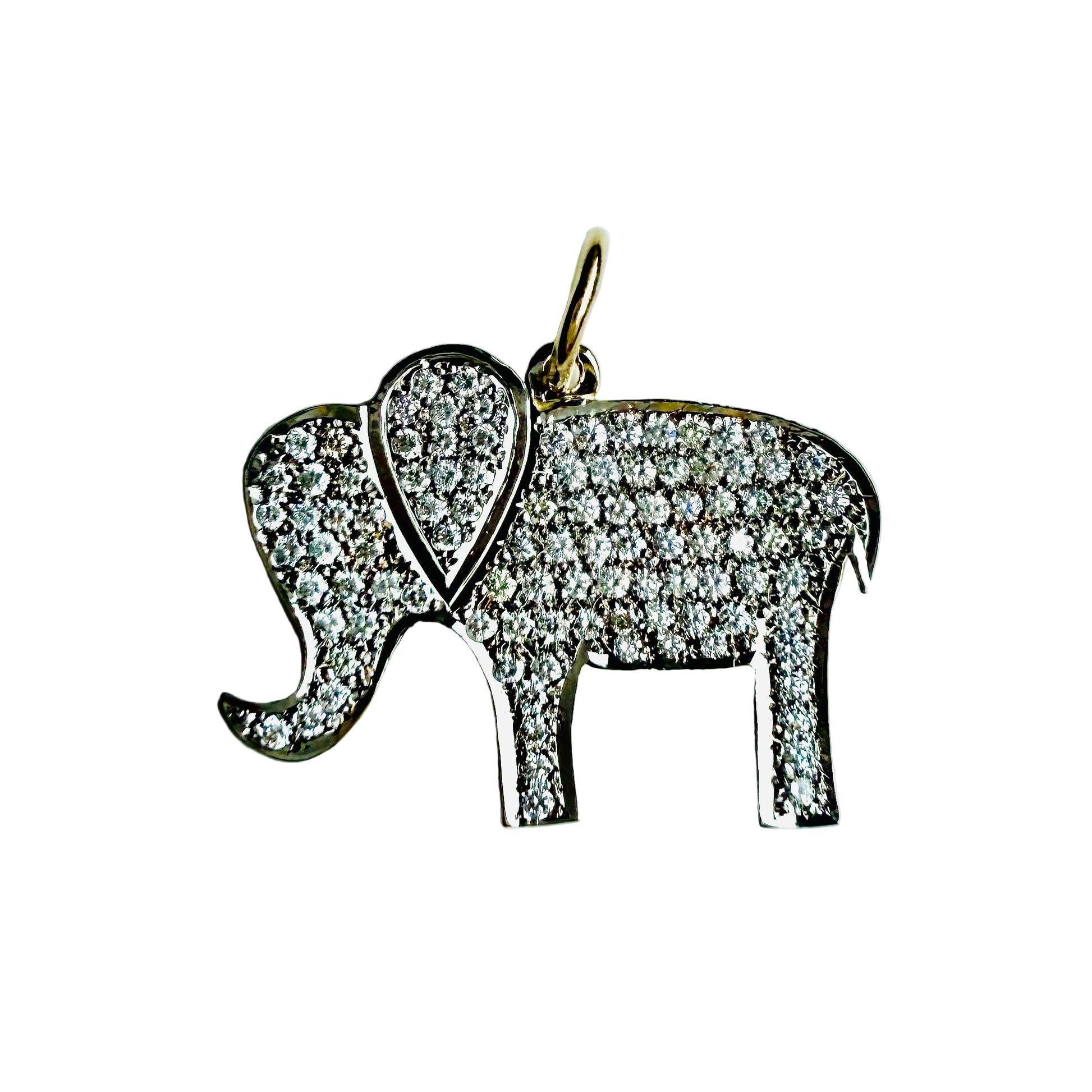 Elephant-shaped pendant with diamonds on a white background