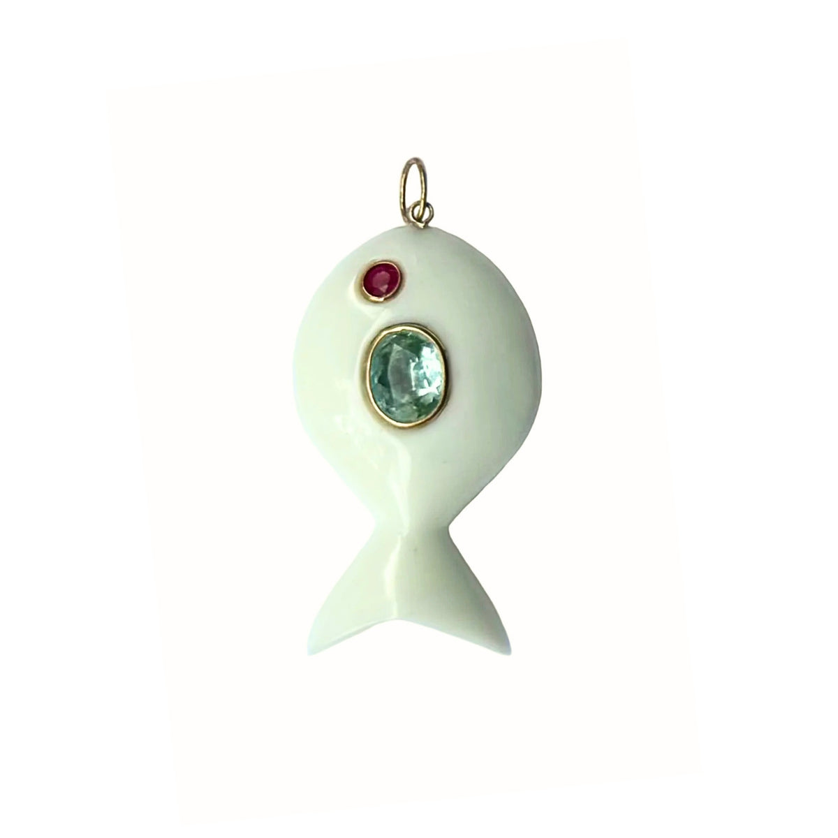 White Agate Fish Pendant with Aquamarine and Ruby