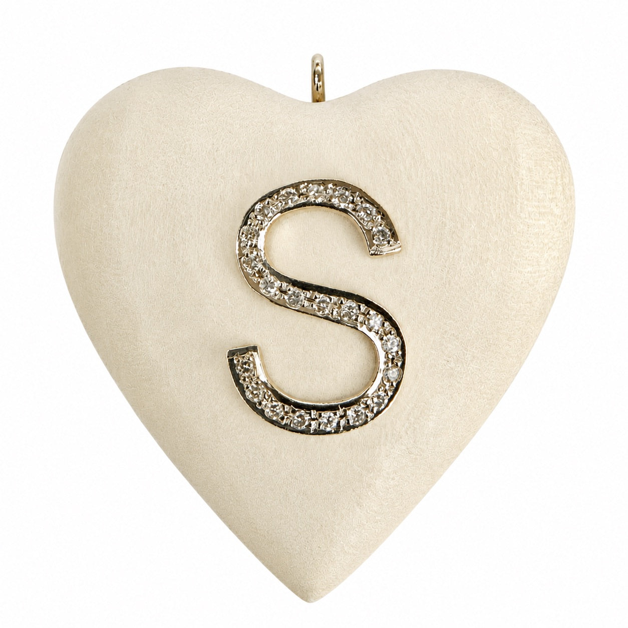 A heart-shaped white wood pendant featuring a gold raised capital letter 'S' paved with diamonds, shown on a plain white background.