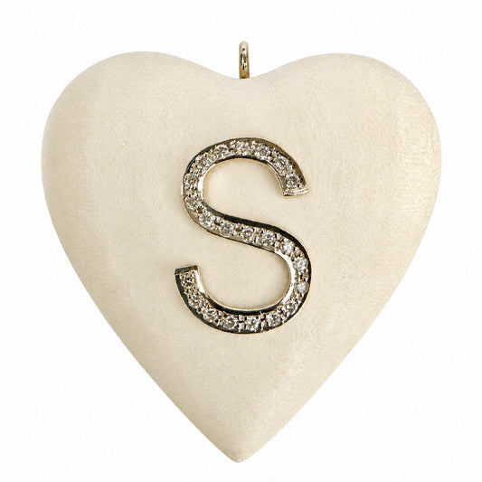A heart-shaped white wood pendant featuring a gold raised capital letter 'S' paved with diamonds, shown on a plain white background.