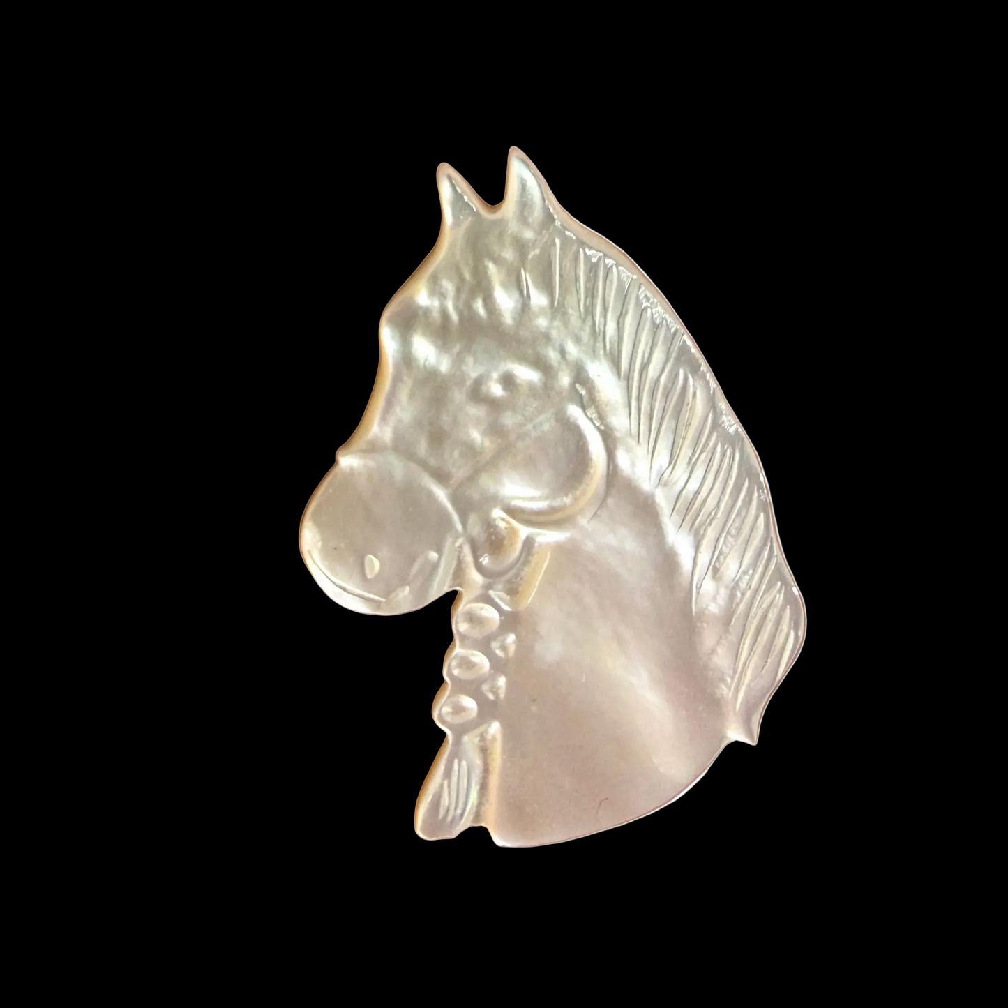 Carved shell horse head pendant on a black background