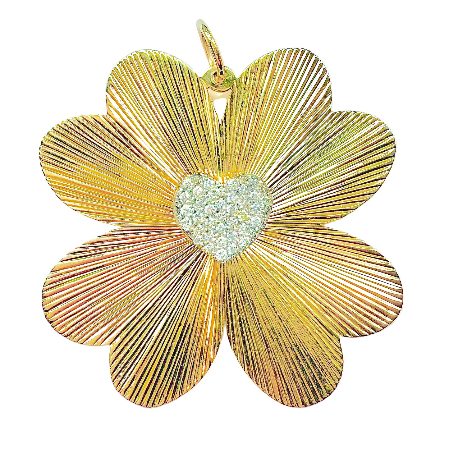 Gold flower-shaped pendant with a heart centerpiece on a white background