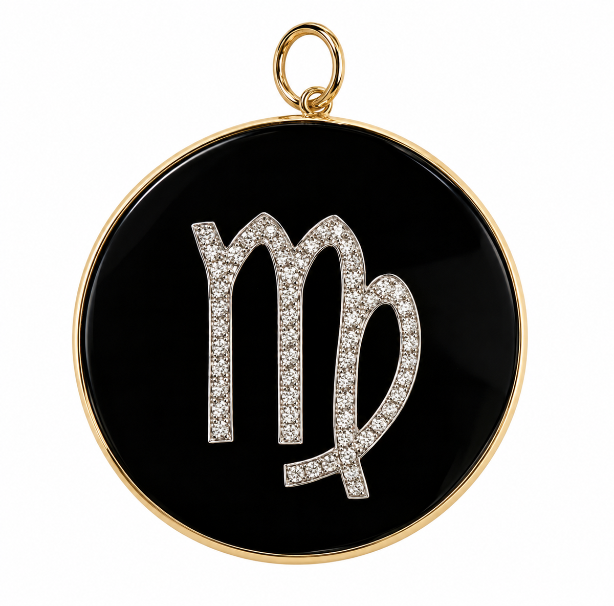 A circular pendant featuring a black onyx face with a silver-toned astrological symbol (Virgo) paved with small diamonds, framed by a polished gold border and top loop, on a white background.