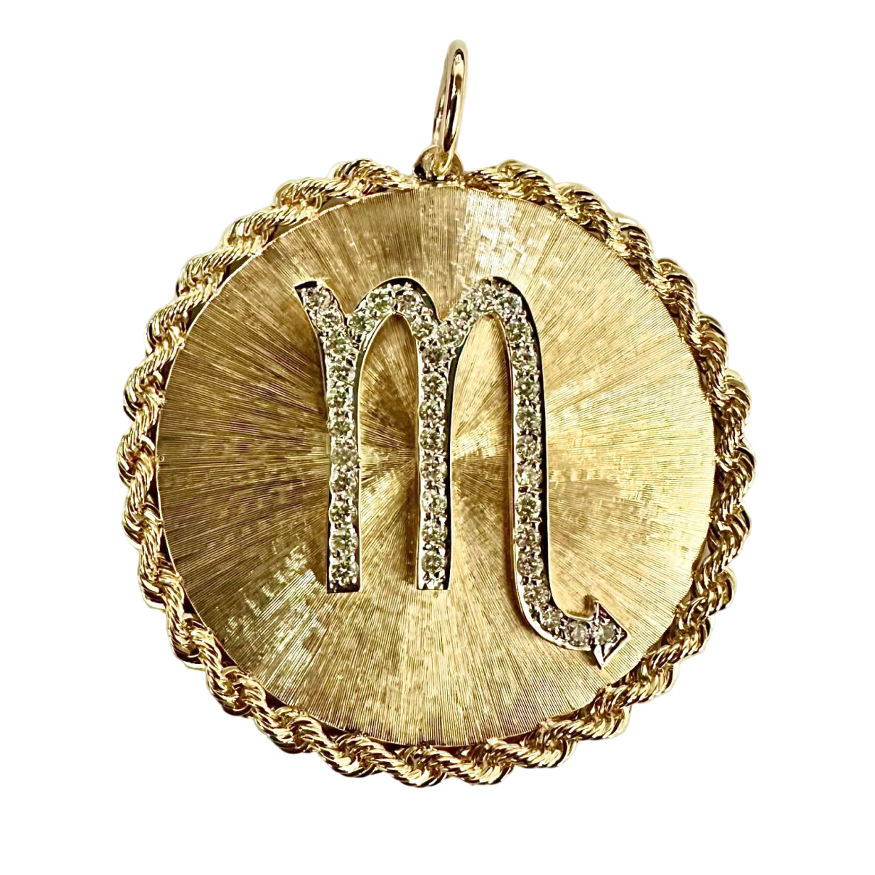 Gold pendant with Scorpio symbol on a white background