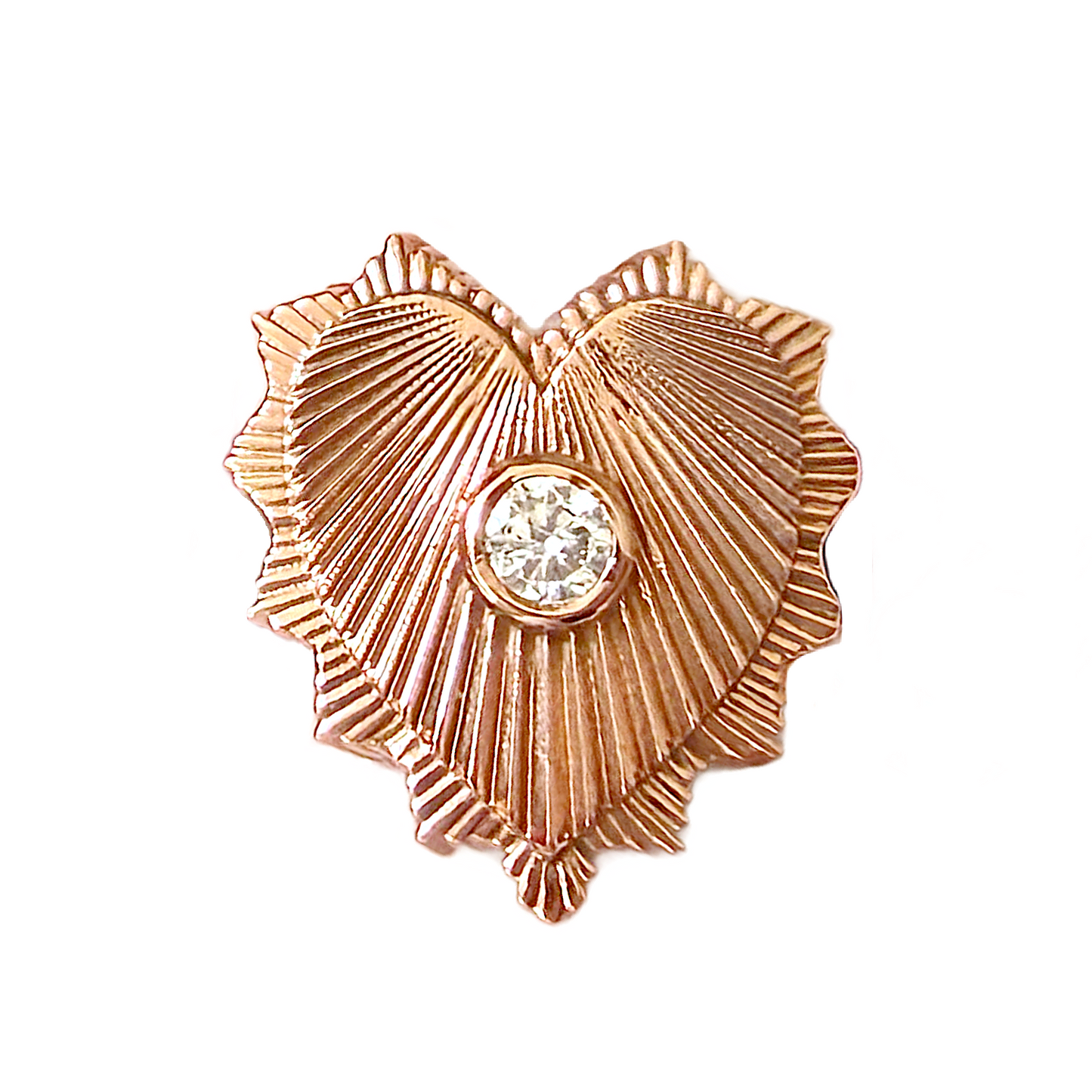 Rose gold earring with a central gemstone on a white background