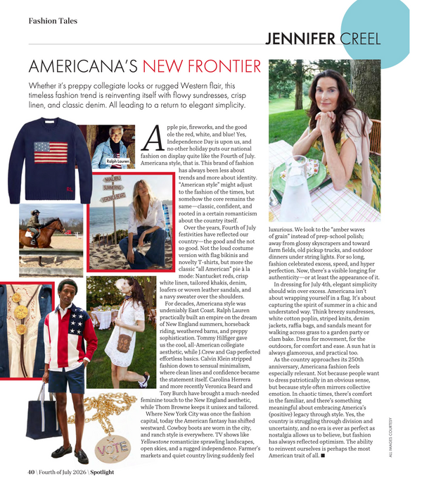A fashion magazine page featuring an article titled 'Americana's New Frontier' by Jennifer Creel, with a large portrait of a woman in a red and white patterned dress, a small photo of a man in a cowboy hat, and several text columns on a white page.