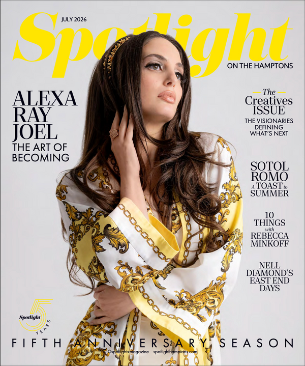 Spotlight magazine July 2026 cover featuring Alexa Ray Joel in a white and gold patterned dress, with large yellow 'Spotlight' masthead and cover text on a light gray background.