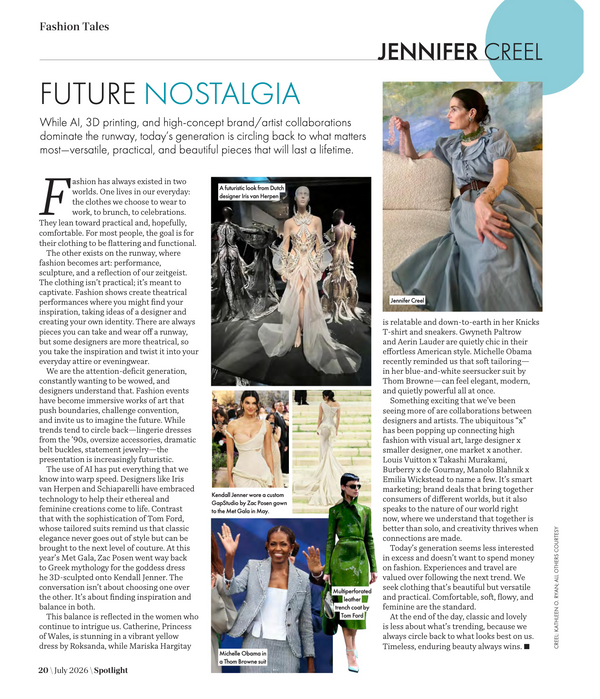 A magazine-style editorial page from Speculative Fiction & Fantasy magazine, featuring an article titled 'FUTURE NOSTALGIA' with a large text layout, a small author photo of Jennifer Creel, and a fashion photo of a model wearing a white dress.