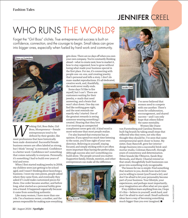 A magazine-style editorial page with the headline 'WHO RUNS THE WORLD?' and a large photo of Jennifer Creel. The page includes a sidebar titled 'Fashion Tales,' a small inset photo, and several paragraphs of text on a white background.