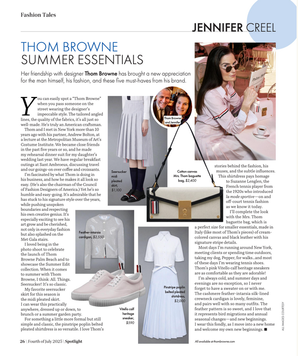 A fashion magazine page featuring an article about Thom Browne's Summer Essentials collection, with text, photos of models wearing the clothing, and a brand logo for Jennifer Creel at the top right.
