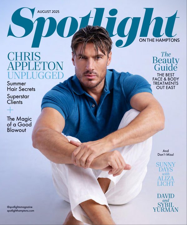 August 2025 issue of Spotlight magazine cover, featuring actor Chris Appleton in a blue polo shirt and white pants, with various article titles around him on a light blue background.