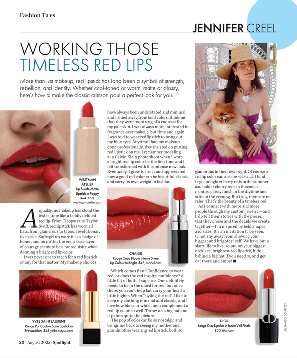 A magazine-style beauty article page with the headline 'FASHION TALES' and a large photo of a woman wearing red lipstick. The page includes text about lipstick longevity and a small inset photo of a lipstick tube, plus the brand name Chanel visible near the bottom.