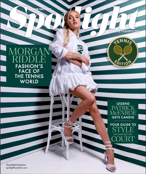Front cover of Spotlight magazine featuring model Morgan Riddle posing on a white stool against a green and white striped wall. The cover includes text blocks and a Tennis Edition badge.