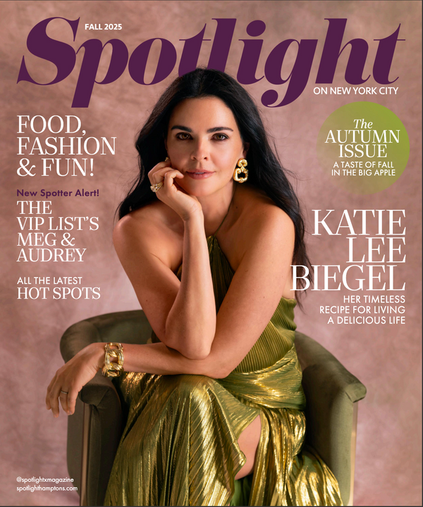 Spotlight magazine Fall 2025 cover featuring Katie Lee Biegel in a metallic gold dress, posed in an armchair against a mauve background with cover text and logos.