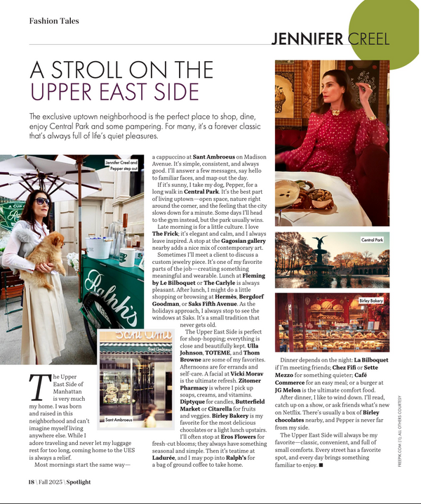 A magazine-style editorial page titled 'FASHION TALESTS' with a large headline 'A STROLL ON THE UPPER EAST SIDE' and a photo of a woman in a red dress walking beside a man in a blue suit on a park bench. Smaller text and a sidebar appear around the main photo.