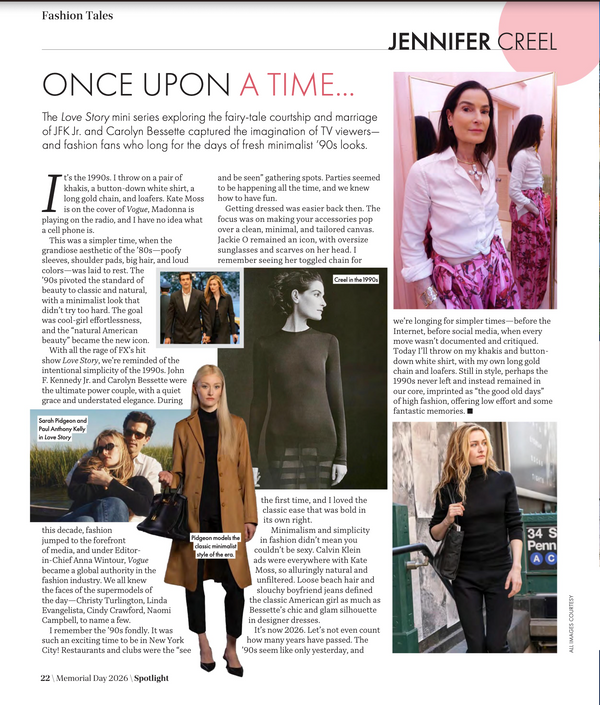 A magazine-style page featuring an article about the Love Story mini-series, with a large portrait of Jennifer Creel at the top right, body text, and several small inset photos showing scenes and people from the show.