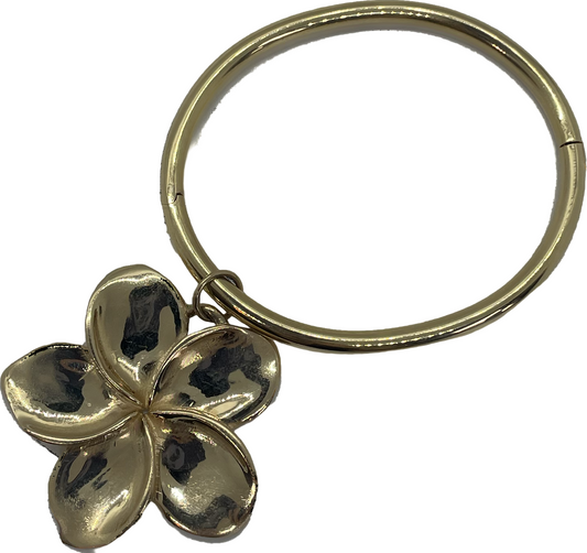 A gold-colored bracelet featuring a plumeria flower pendant.