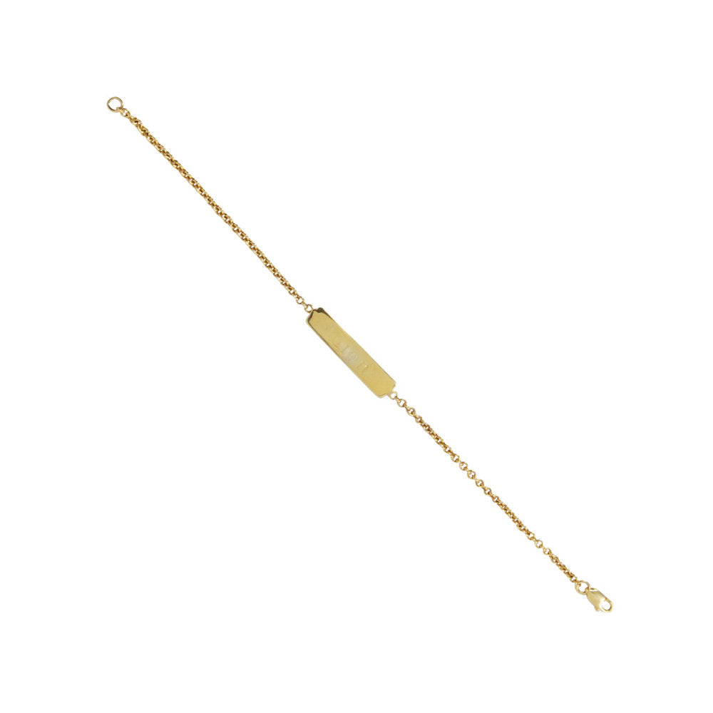 A 14k yellow gold bracelet with a custom engraving on a chain structure.