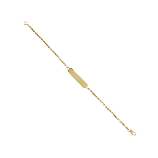 A 14k yellow gold bracelet with a custom engraving on a chain structure.