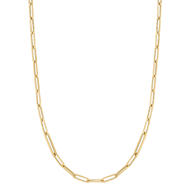 An 18K gold paper clip chain necklace with a length of 34 inches.