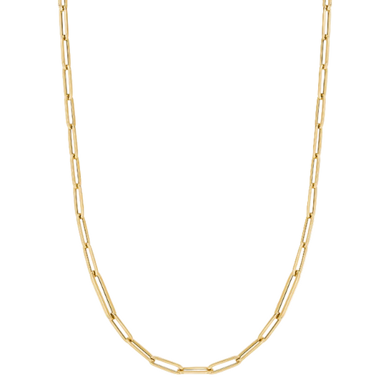 An 18K gold paper clip chain necklace with a length of 34 inches.