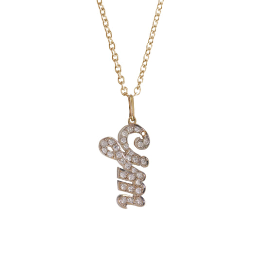 A 14k gold necklace with a pave diamond initial charm set in a gold frame, displayed against a white background.