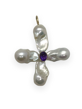 Load image into Gallery viewer, Baroque Pearl Pendant with Aquamarine or Amethyst Center set in 14k Yellow Gold
