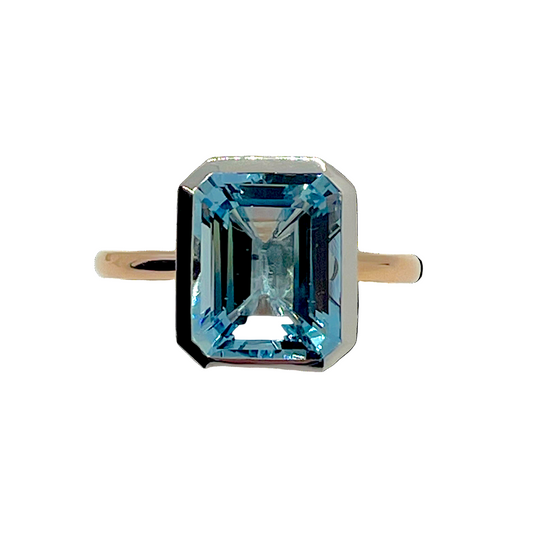 Aquamarine engagement ring with bevel edging on a rose gold band